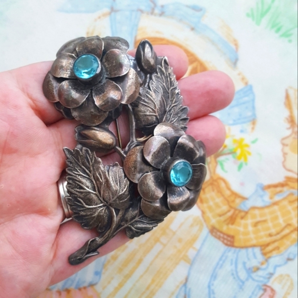 🌙Huge Sterling Blue Rhinestone Flower Brooch